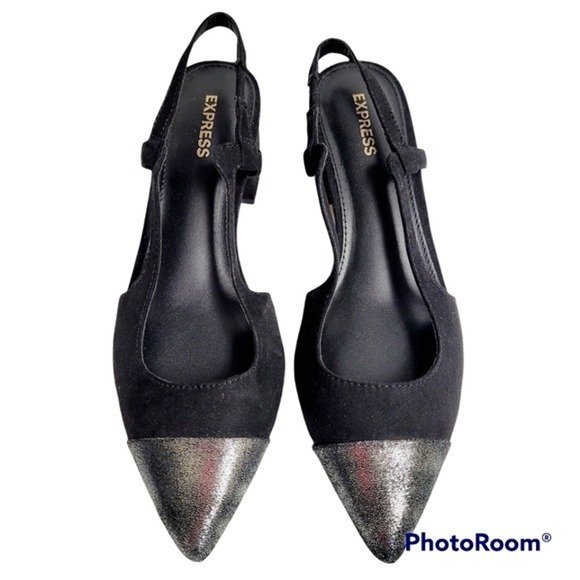 Express Shoes - Express Black Silver Cap Pointed Toe Sling Back Block Heels Women's Size 6